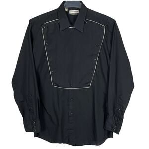 Vintage Karman Western Bib Shirt Mens Large Black Pearl Snap Old West Frontier